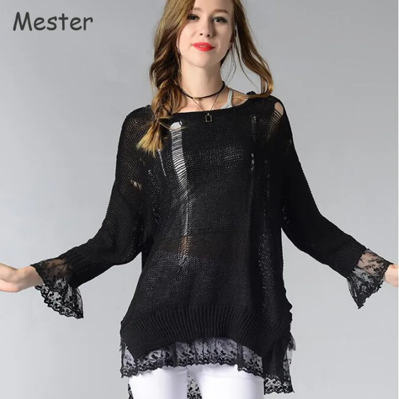 

European Women Distressed Ripped Sweater Sweet Lace Patchwork Oversize Sweaters Irregular Flare Sleeve Loose Sweater Pullovers