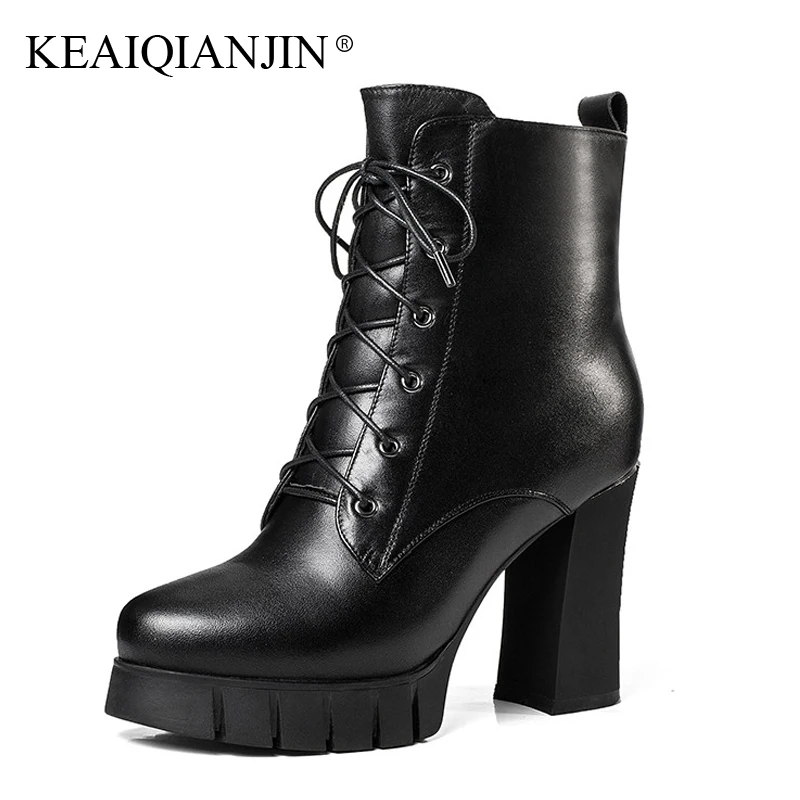 

KEAIQIANJIN Woman Wool Gothic Shoes High Heels Winter Shearling Chelsea Boots Black Genuine Leather Wool Snow Martins Botas 2018