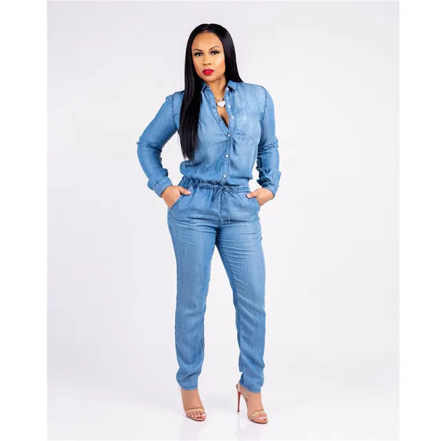 Plus Size XXXL Denim Jumpsuit 2018 Autumn Buttons Turn Down Collar Long ...