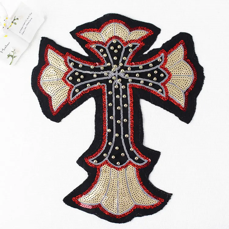 2 kusy / šarže Nový velký kříž Sequins Patch vyšívané nehtové korálky oblečení Applique Oděvní doplňky
