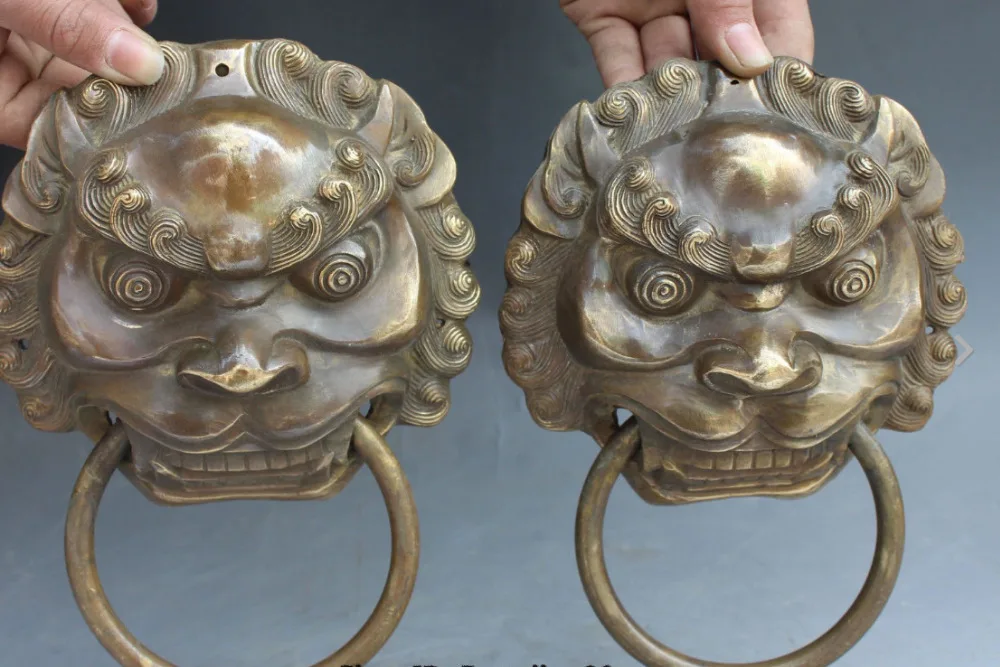 

671115339++++8 "Chinese Brass Dragon Fu Foo Dog Guardion Lion Head Mask Door Knocker Pair