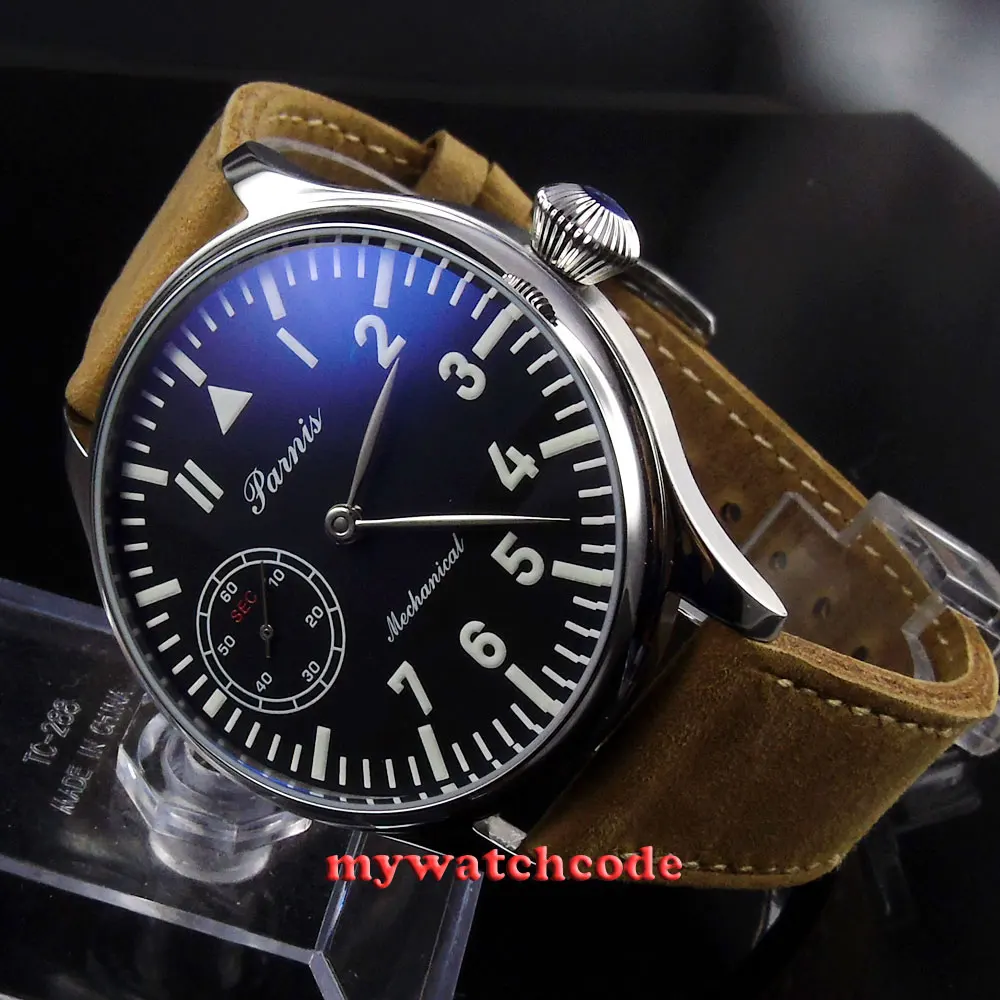 

44mm parnis black dial blue luminous 6497 movement hand winding mens watch 397