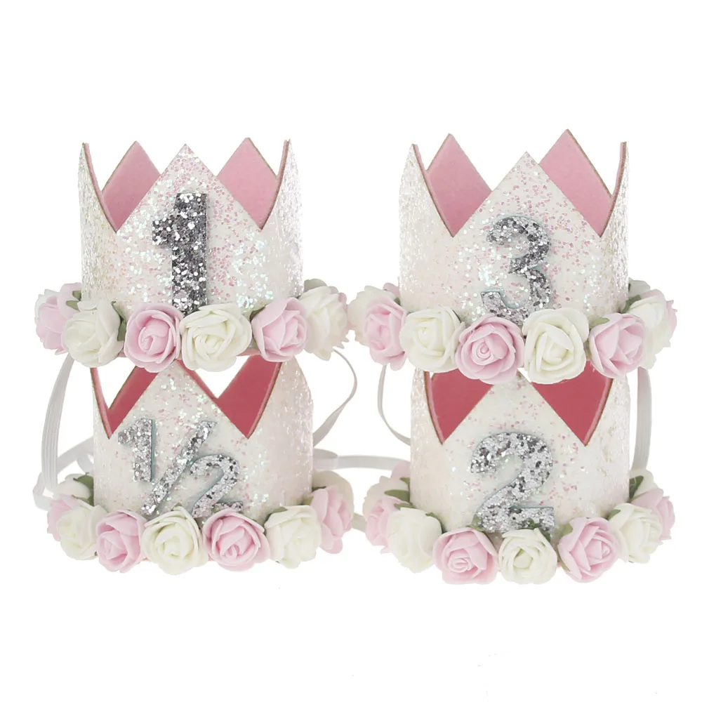

New Children Rose Flower Crown Headband Glitter Number Headwear Baby birthday party hats Photography Decoration Hair Accessories