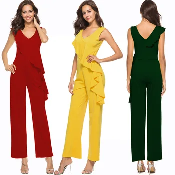 

QMGOOD Fashion Women's Jumpsuit Slim 2018 Popular Style Ruffle Womens Red Yellow Green Jumpsuit Long Pants Sexy Jumpsuit Female