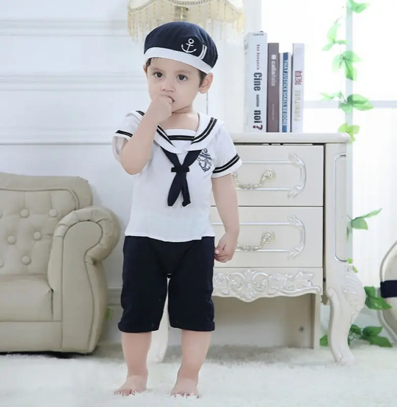 

2PCS Toddler Boy Jumpsuits 0M-24m Newborn Baby Boy Sailor Playsuit Outfit Set Romper Clothes+Hat