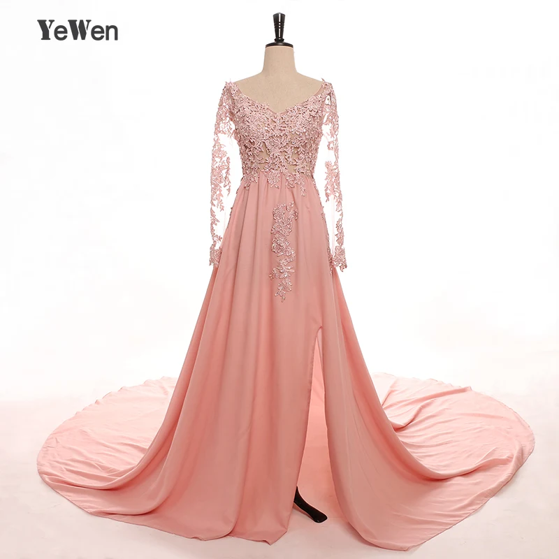 

YeWen Robe Soiree Long Sleeves V Neck Split Formal Long Evening Dress 2019 Elegant Vestidos De Festa Longo Party Gowns Plus Size