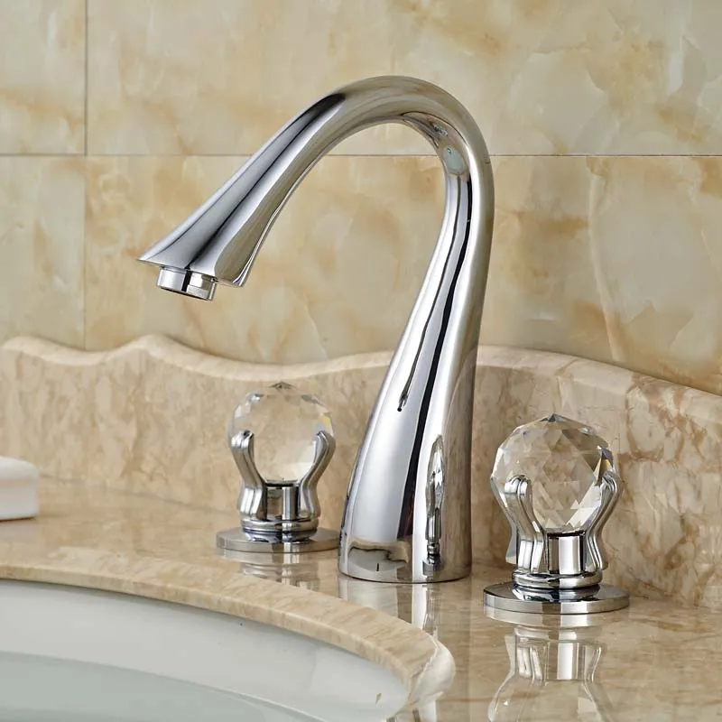 Swan Shaped Bathroom Sink Faucet Dual Handles Three Holes Chrome Finish