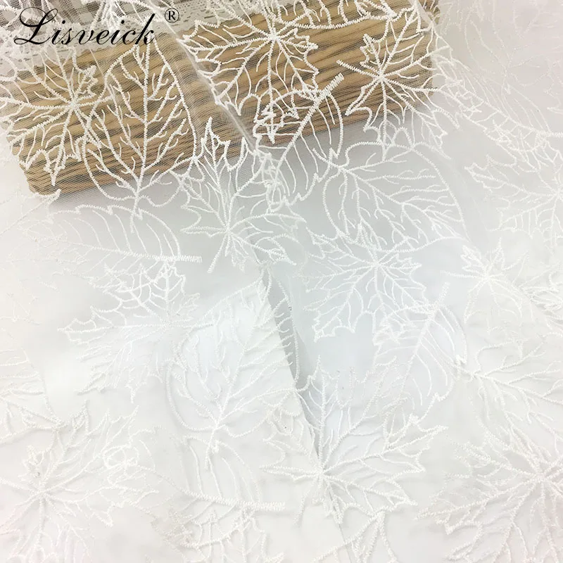 

Quality 1 yard maple leaf embroidery lace net yarn African tulle fabrics DIY charming evening dress handwork cloth widows gauze