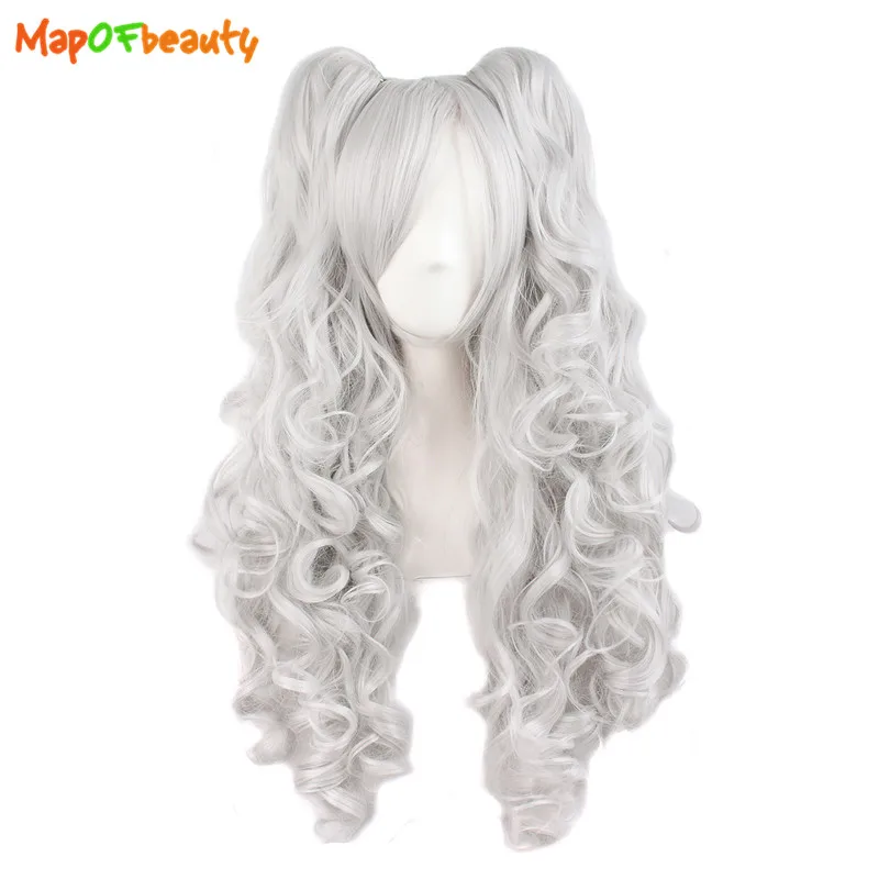 

MapofBeauty 28" Long Wavy Cosplay Wigs Sliver Grey Color Clip in Hair Two Ponytails Shape Claw Heat Resistant Synthetic Hair