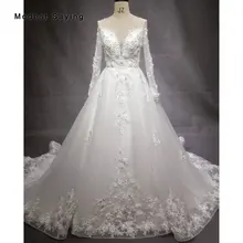 New Ball Gown Long Sleeve Lace Wedding Dresses 2018 with Buttons Back Formal Women Beaded Floral Bridal Gowns vestido de noiva