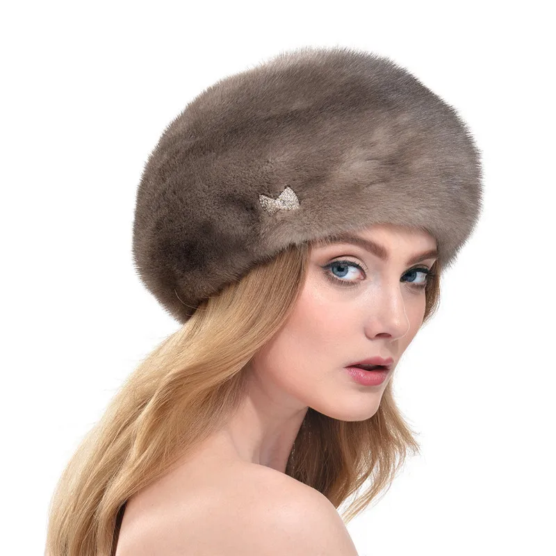Норковая меховая шапка со стразами женская осенняя и зимняя модная новая норковая русская высококлассная элегантная шляпа береты шапки LH323 - Цвет: gray