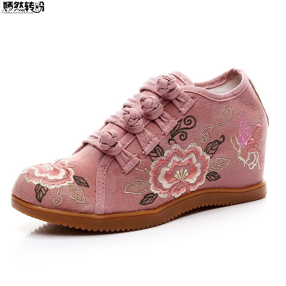 

Ladies Ethnic Pump Shoes Increased Internal Canvas Embroidery Shoes Chinese National Old Peking Shoes Woman Sapatos Mulher