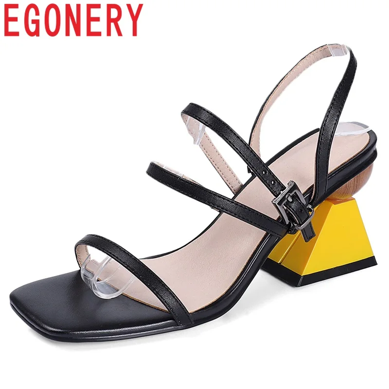 

EGONERY woman sandals Genuine Leather summer party Fashion girl Strange Style sexy women buckle apricot 8 cm high heels shoes