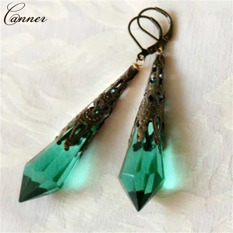 Vintage Earrings for Women Antique Bronze Color Green Resin Stone Drop Earings 2019 Long Dangle Earring Female Jewelry Q4