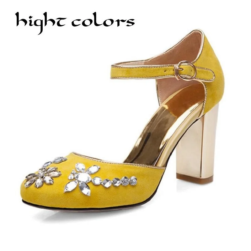 

Fashion 2019 Sweet Genuine Leather Rhinestone High Heels Mary Jane Sandals Sheepskin Thick With Square Head Party Shoes Size 42