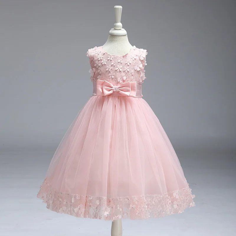 

Retail Appliques Draped Sequined Flowers Girl Dresses With Ribbon Bow Elegant Lace Flower Bow First Communion Dresses LL314