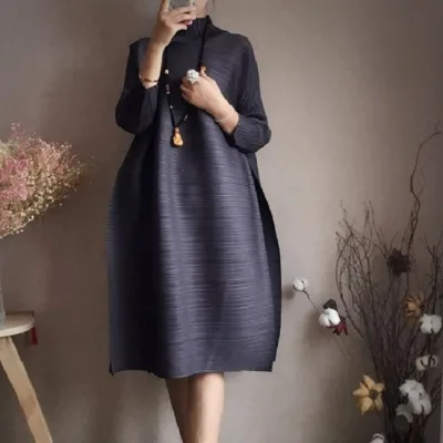 Changpleat осень водолазка женское платье Miyak плиссированные модные Дизайн Твердые свободные Большие размеры женские до колена платье прилив - Цвет: Iron gray