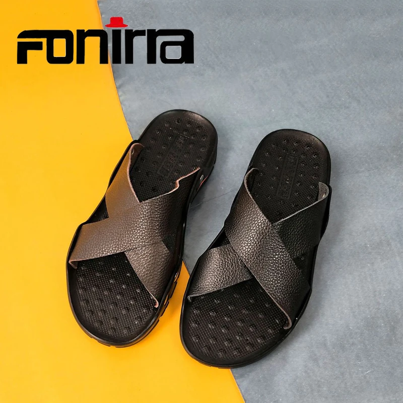 

FONIRRA Men Genuine Leather Slippers Summer Beach Male Slides Man Outside Comfortable Summer Flat Flip Flops Plus Size 38-48 551