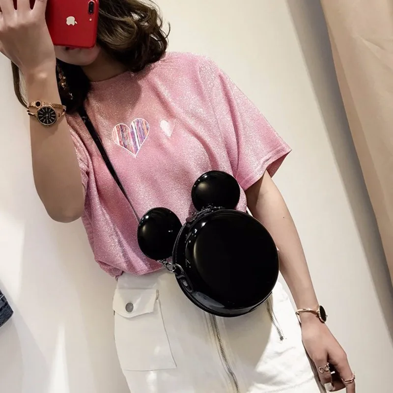 2018 شخصية ميكي بو الجلود الأزياء دائرة صغيرة حقيبة يد فاخرة Crossbody حقائب للنساء مصمم فتاة حقيبة كتف