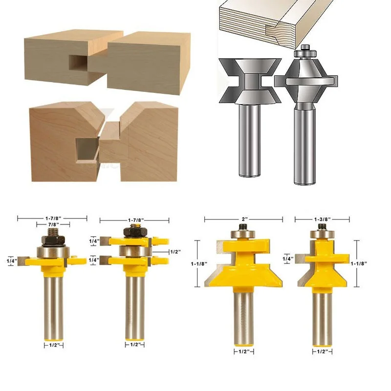 4 шт. двойной язык паз суставов маршрутизатор Набор бит 1/2-дюймовый хвостовик врезной Ножи Деревообработка доска головоломки резак