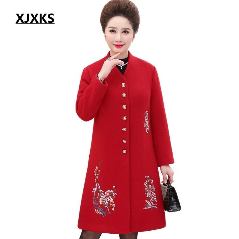 

XJXKS wool woman coats winter 2018 new arrival manteaux femme hiver long beautiful flowers single breasted women wool coat
