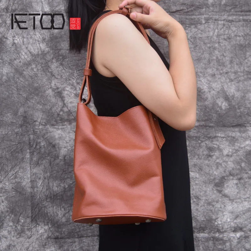 

AETOO Leather tote handbags shoulder portable shopping bag Korean bucket bag art big tote bag