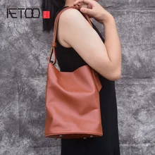 AETOO Leather tote handbags shoulder portable shopping bag Korean bucket bag art big tote bag