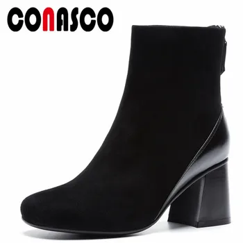 

CONASCO 1Fashion Women Ankle Boots Autumn Winter Warm High Heels Shoes Woman Round Toe Zipper Cow Suede Casual Quality Boots