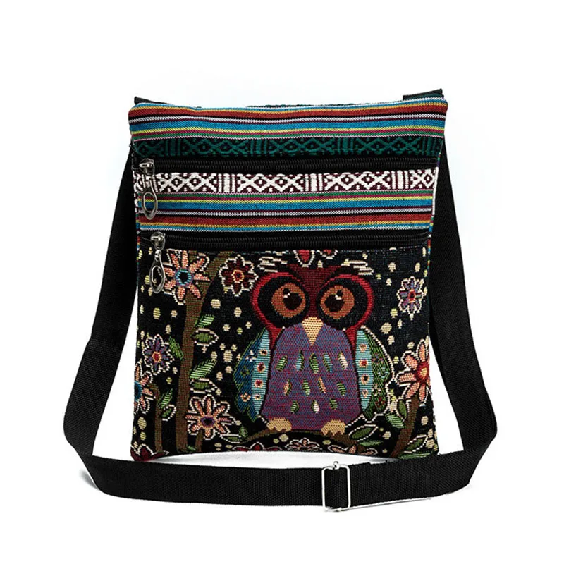 Модные женские сумки-мессенджеры в этническом стиле, двойная молния, мультяшная сова, вышивка, для покупок, свиданий, девушек, сумка через плечо, Bolsa
