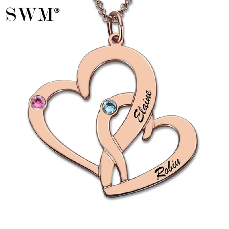 

Women Rose Gold Necklaces Custom Two Names Birth Stone Necklace Intertwined Double Hearts Chain Couple Pendant for Mom Daughter