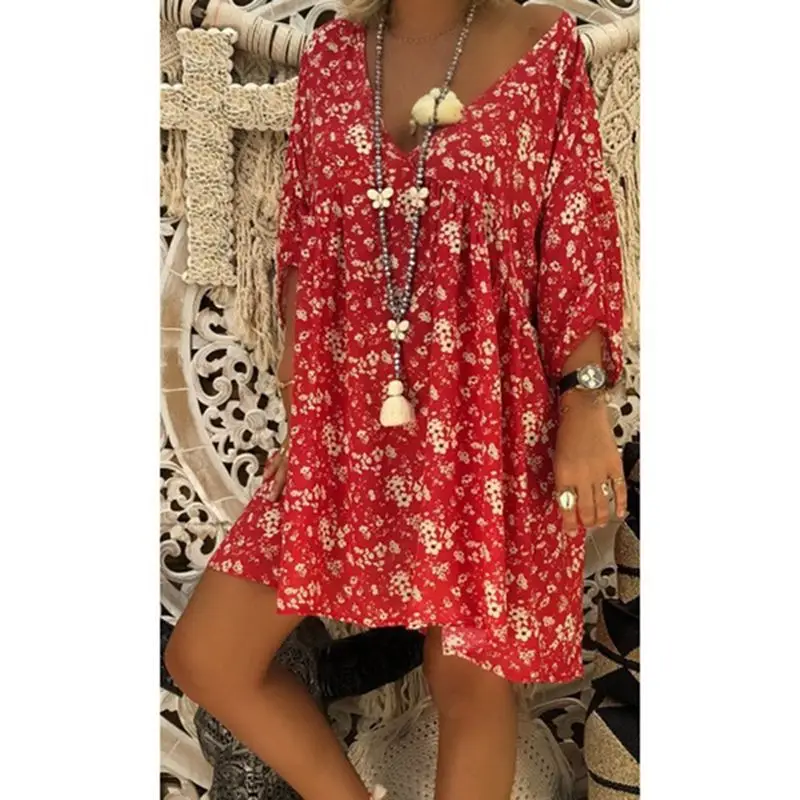 

2019 New Women Summer Casual Print Three Quarter Loose Mini Dresses Vestido Bohemian Femme Casual Plus Size Ladies Dresses S-5XL
