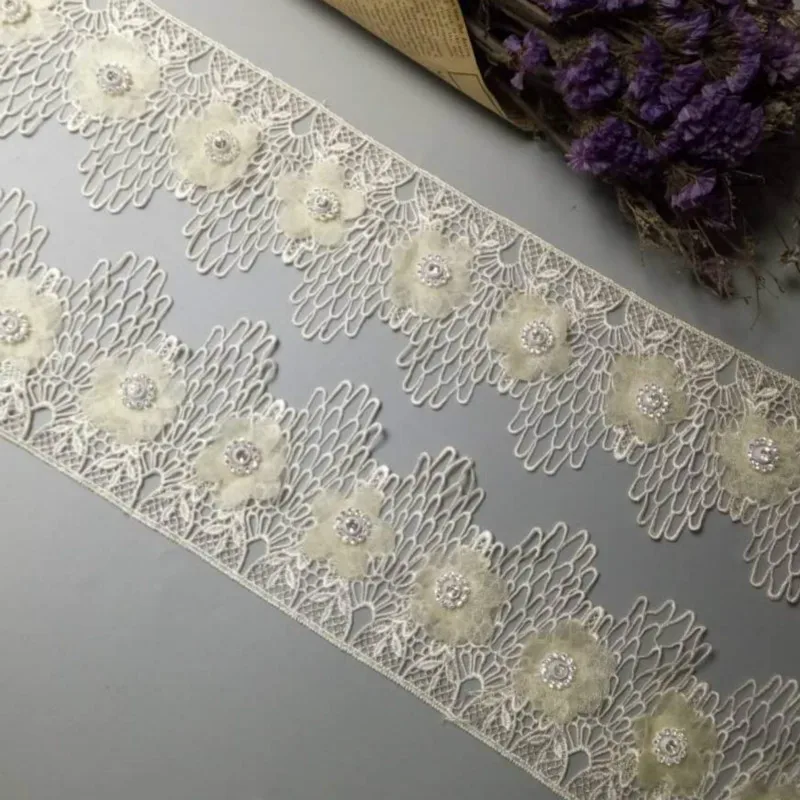 

2 Yard Ivory Sequin Ribbon Plum Flowers Pearl Lace Edge Trimmings Ribbons Beaded Lace Fabric Embroidered Sewing Wedding Dress