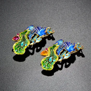 

925 silver handmade cloisonne carp lotus brooches