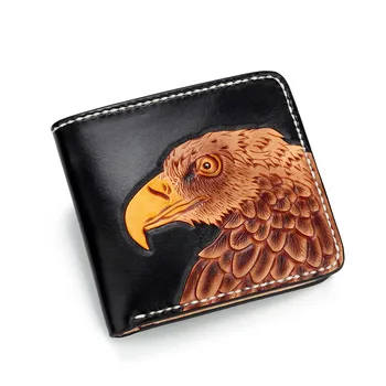 

Vintag Short Cow Leather Carving Eagle Tiger Wallets Purses Women Men Clutch Vegetable Tanned Leather Wallet Card Holder
