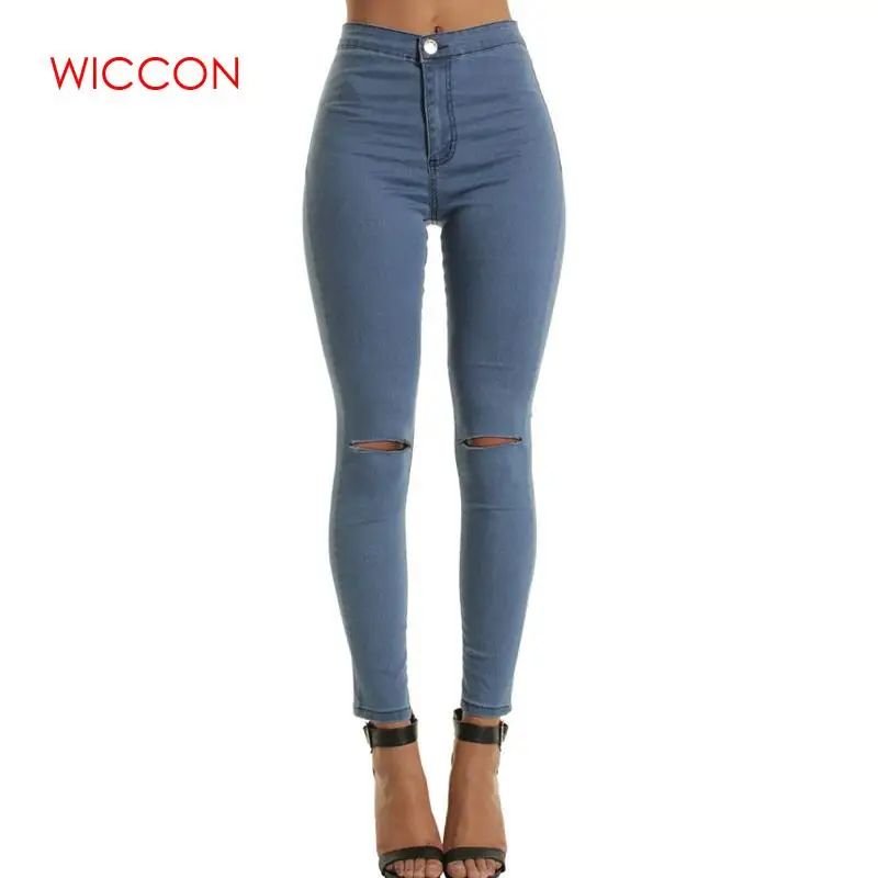 Для женщин джинсовые штаны Высокая Талия повседневные узкие джинсы для девочек Узкие рваные колени джинсовые штаны-карандаш с отверстиями
