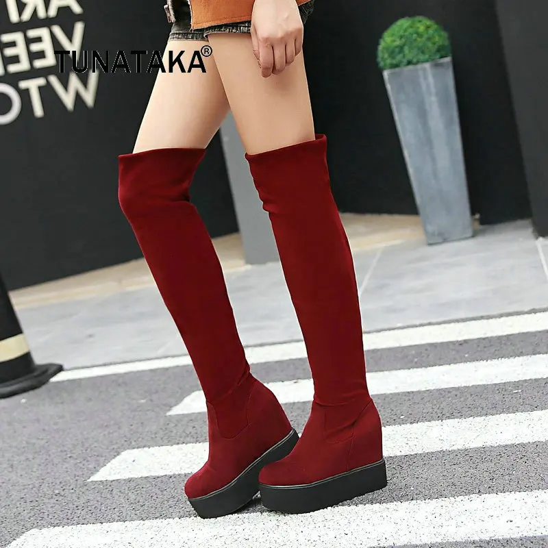 

Flock Platform Height Increasing Slip On Woman Over The Knee Boots Winter Stretch Boots Fashion Ladies Thigh Boots Black Red Blu