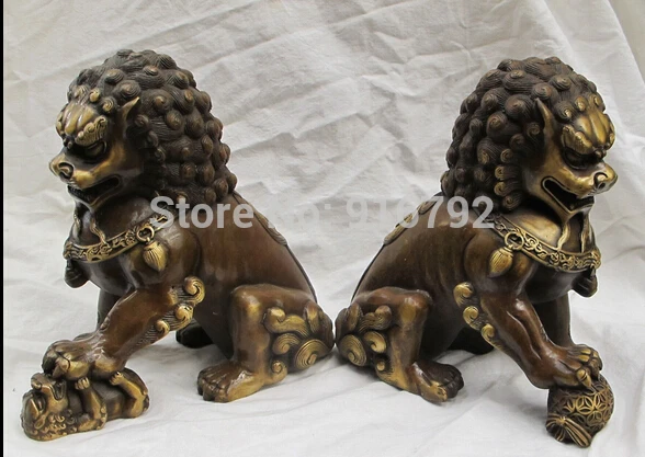 

7.5"China classical Bronze Lucky Kung Fu Hustle statue guard the lion pair foo