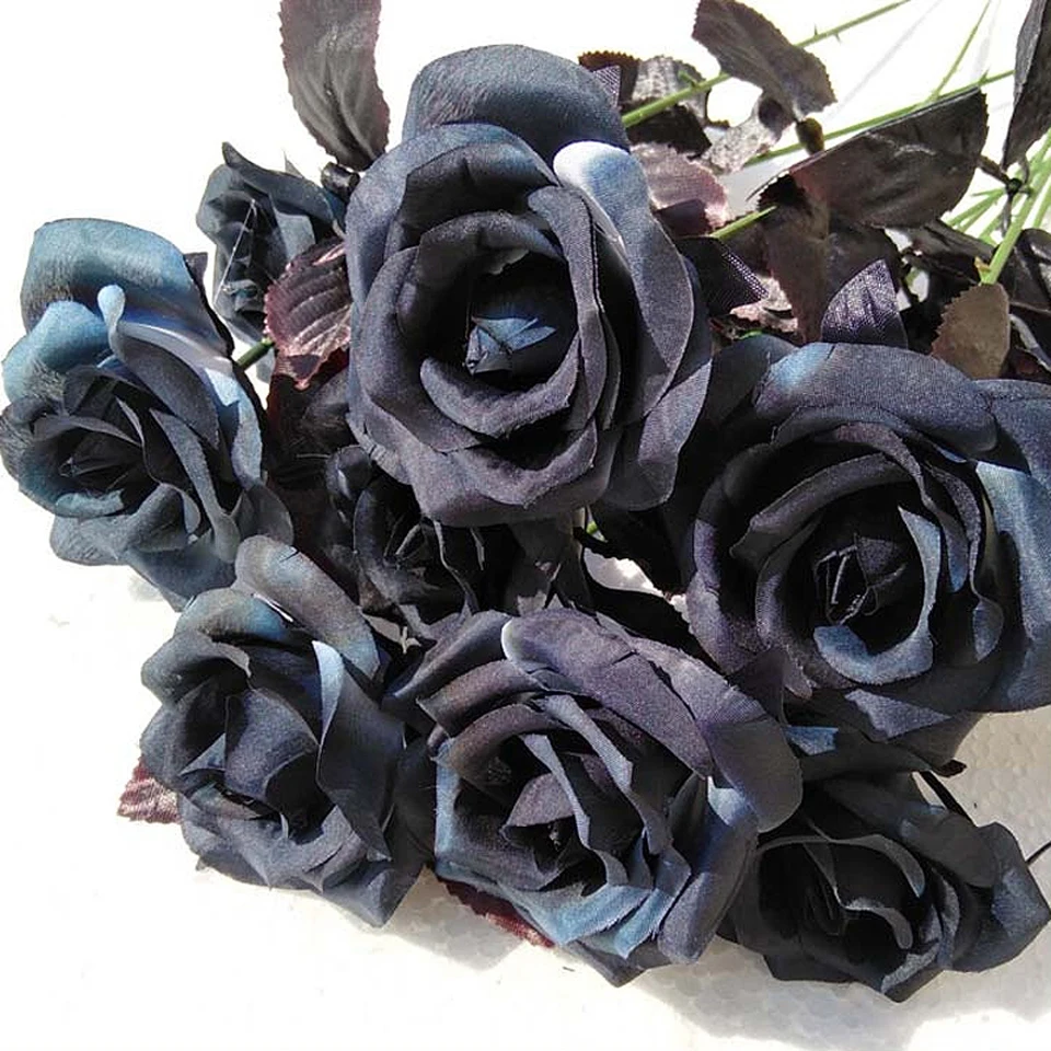 10PCS Artificial Black Rose Bouquet Halloween Single Branch Home