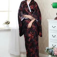 Черное Красное японское женское шелковое кимоно юката хаори с Obi представление сценическая одежда Цветок Один размер JK023