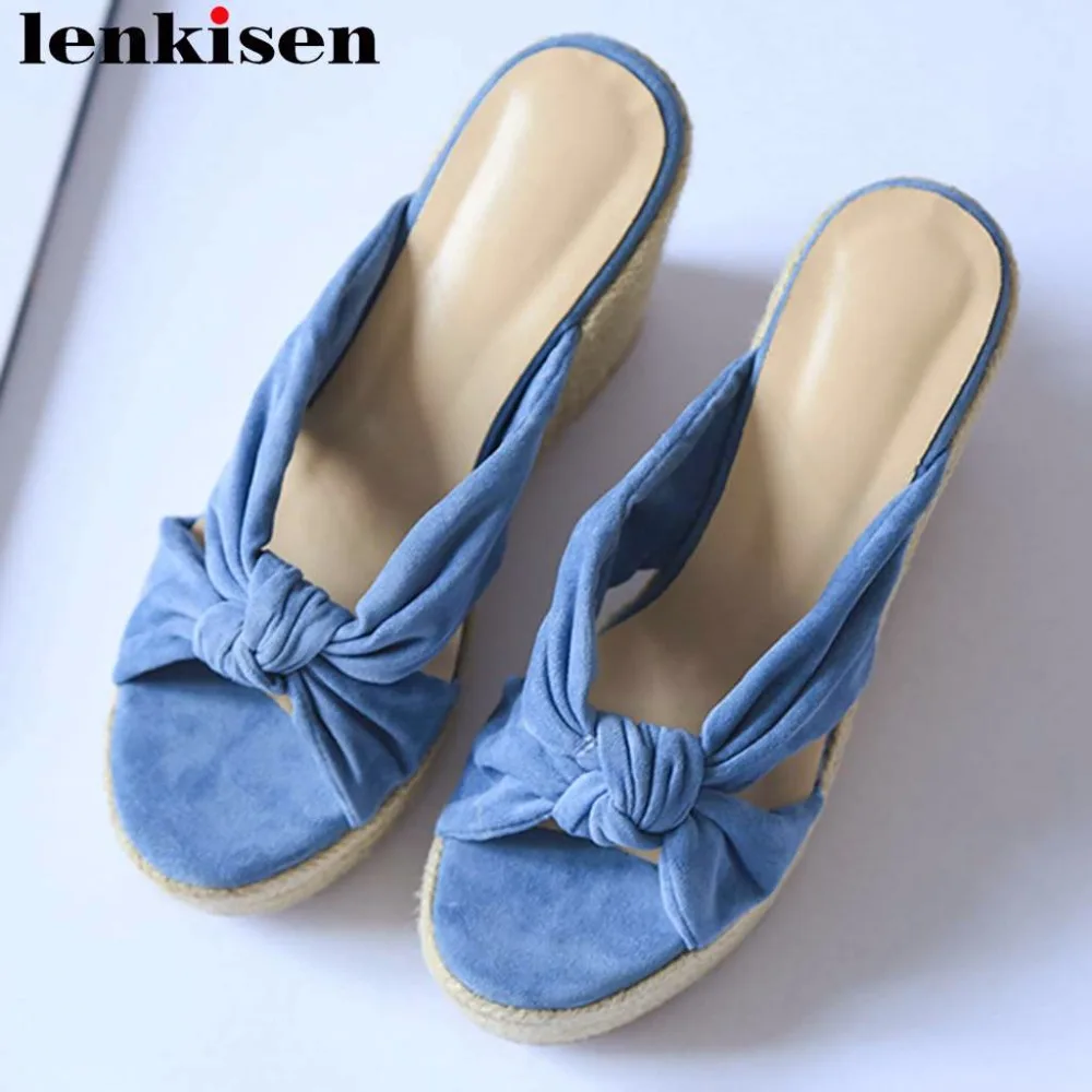 

Lenkisen flock butterfly-knot decoration super high heels straw decoration wedges platform slip on mules peep toe sandals L24