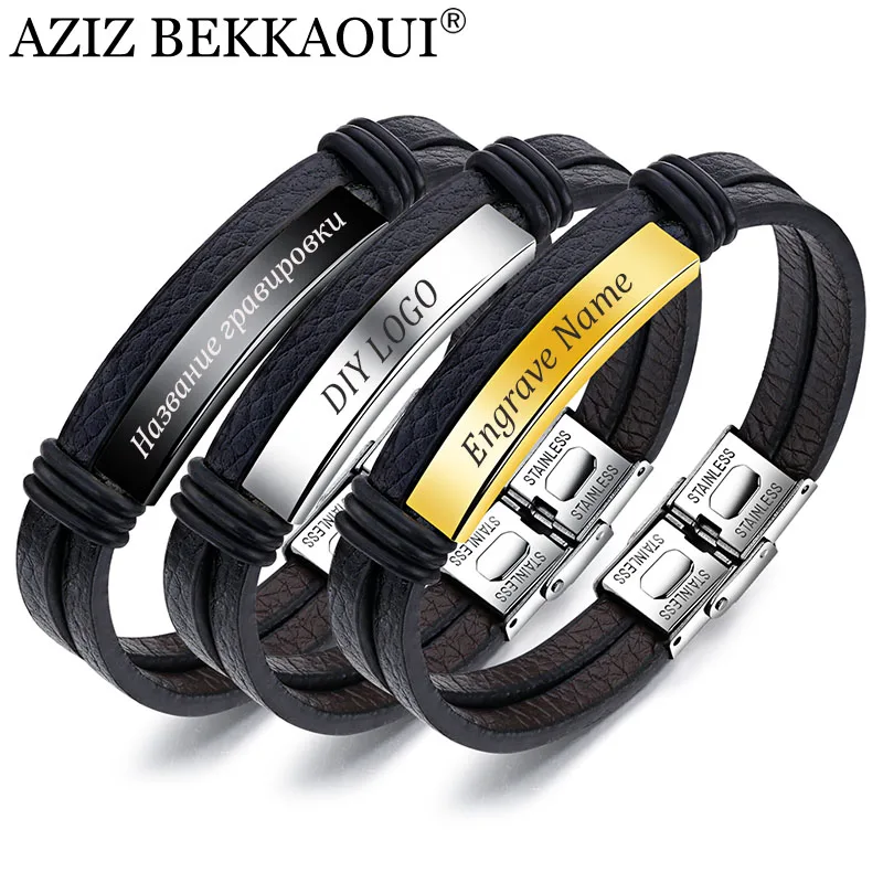 

AZIZ BEKKAOUI Vintage Genuine Leather Bracelet for Men Engrave Name Stainless Steel Bracelets Male Jewelry Gift Dropshipping