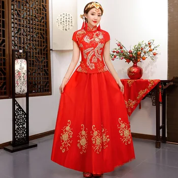 

Oriental Asian Bride beauty Chinese traditional Wedding Dress Women Red Floral Embroidery Cheongsam Robe Long Party Qipao style