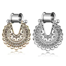 1 PC 6-25mm Vintage Hollow Flower Double Horn Earrings Stainless Steel Pendant Fake Ear Plugs Expansion Body Piercing Jewelry