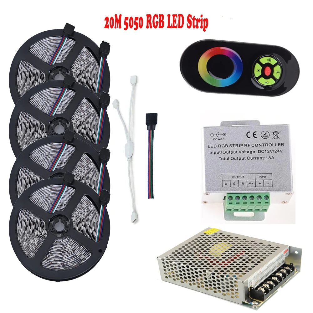 

20M 10M 5050 IP65 RGB LED Strip RGB Diode Tape 15M 10M 5Key Touch Screen Remote RF RGB Controller DC 12V LED Power Supply