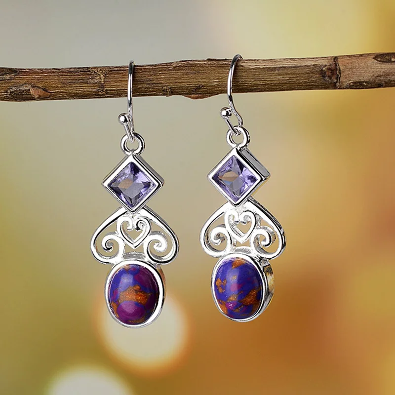 Natural Purple Crystal Dangle Earrings Drop Purple Gem Stone Earrings