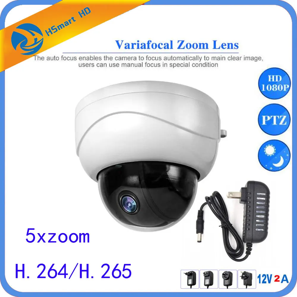 

Mini PTZ Dome 5X Optical Zoom Audio IP Camera 3516C+SONY323 H.264 / H.265 Network CCTV 1080P IR Night Security add 12V 2A DC