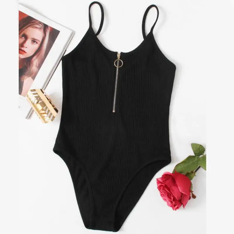 Women Bodysuit Sling Backless Female Summer Sleeveless Beach Hot Bodysuits Ladies Zipper Wild Solid Color Cotton Slim Bodysuits