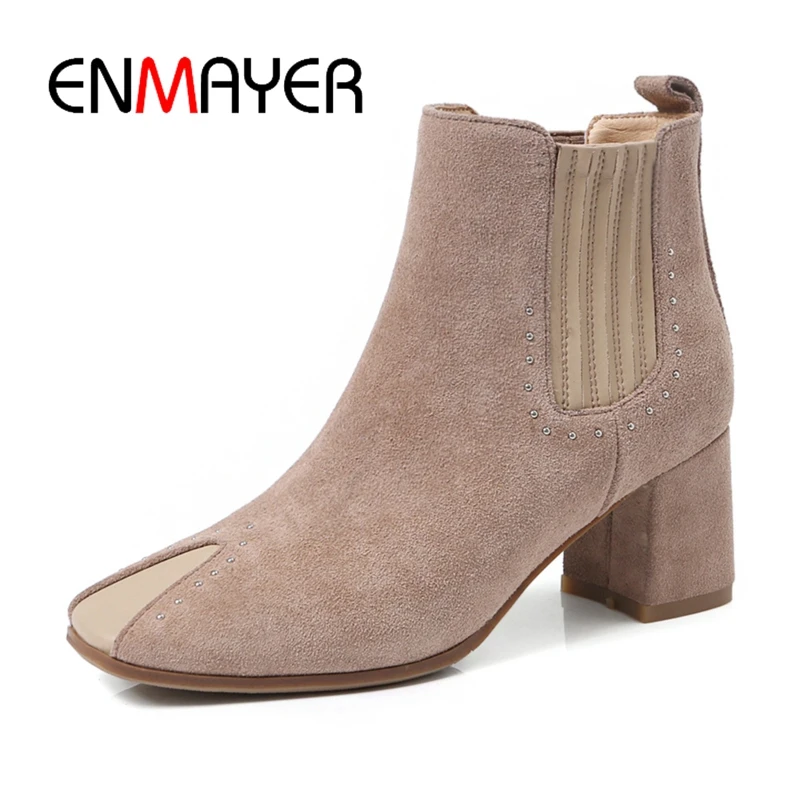 

ENMAYER botas mujer women square toe slip-on ankle boots short boots high heel female boots Big size 34-40 ZYL985