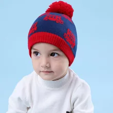 Детская вязаная теплая шапка, вязаная шапка с помпоном для мальчиков, новая зимняя детская шапка с машинкой, детская трикотажная шапка, двухслойная B-9495