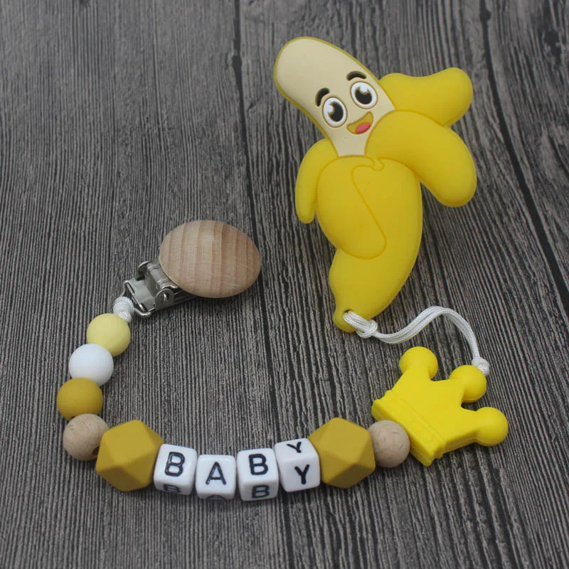 XCQGH DIY Silicone Beads Personalised Name Baby Pacifier Holder Clips Pacifier Chain with Beech Wooden Clip for Baby Feeding